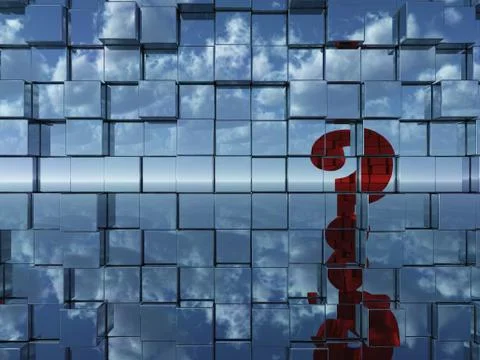 Wall of chrome cubes reflect red question mark - 3d illustration Stock Illustration