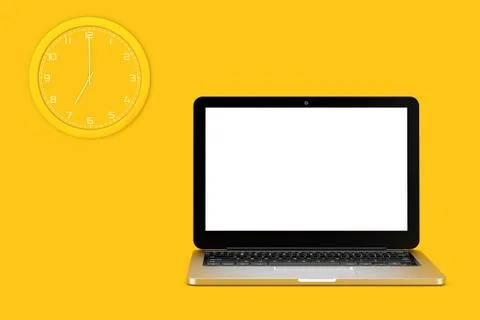 Wall CLock and Laptop Computer with Blank Screen for Your Design. 3d Renderin Stockillustratie