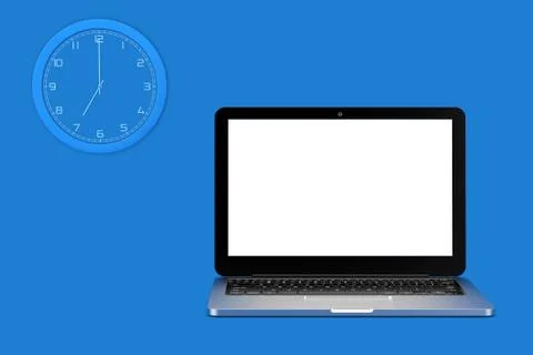 Wall CLock and Laptop Computer with Blank Screen for Your Design. 3d Renderin イラスト素材