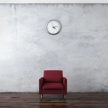 A wall clock and red chair 库存插图