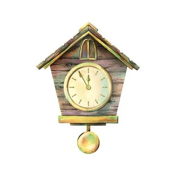 Wall clock with cuckoo, dial and hands, pendulum, wooden, antique, brown with Stock Illustration