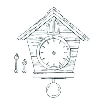 Wall clock with cuckoo, dial and hands, pendulum, wooden, antique. Line art is a Stock Illustration