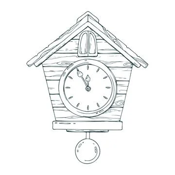 Wall clock with cuckoo, dial and hands, pendulum, wooden, antique. Line art is a イラスト素材