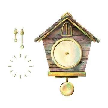 Wall clock with cuckoo, dial and hands, pendulum, wooden, antique, brown with Stock Illustration