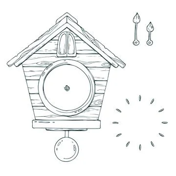 Wall clock with cuckoo, dial and hands, pendulum, wooden, antique. Line art is a Stock Illustration