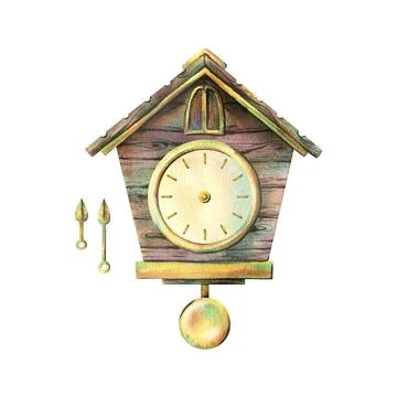 Wall clock with cuckoo, dial and hands, pendulum, wooden, antique, brown with Stock Illustration