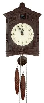 Wall clock with a cuckoo a pendulum and weights Stock Photos