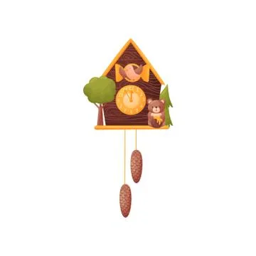 Wall clock in the form of a house. Bird looks out of the window. Bear with a Stock Illustration
