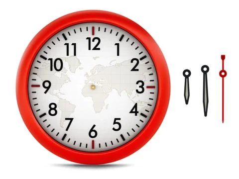 Wall clock, hour, minute and second hands on white background. 3D illustratio Stock Illustration