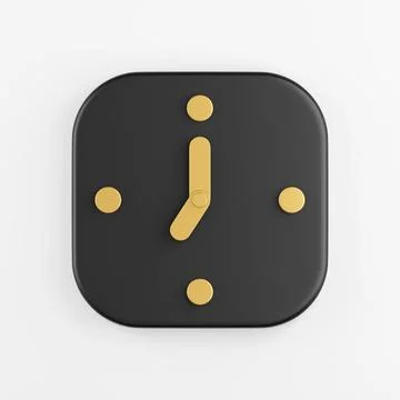 Wall clock icon with gold arrows. 3d rendering of black square key button, .. Stock Photos