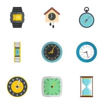 Wall clock icons set, flat style Stock Illustration