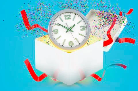 Wall clock inside gift box, gift concept. 3D rendering Ilustración de archivo