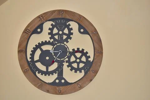 Wall clock with mechanic gears inside 스톡 사진