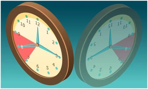 Wall clock with mirror image on abstract background Illustrazione stock