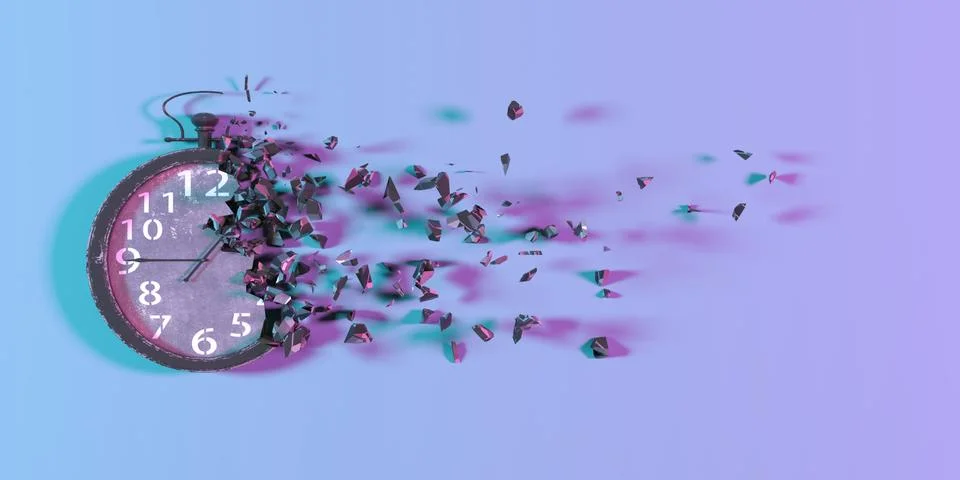 Wall clock in neon light falling apart into small parts Stock Illustration