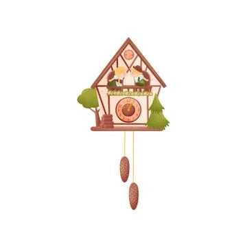 Wall clock in the shape of a house. Boy and girl on the balconies. Firewood in Stock Illustration