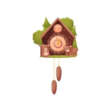 Wall clock in the shape of a house. Two bears in front of the house. Vector Stock Illustration