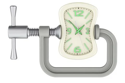 Wall clock squeezed in a clamp concept, 3D rendering Illustrazione stock