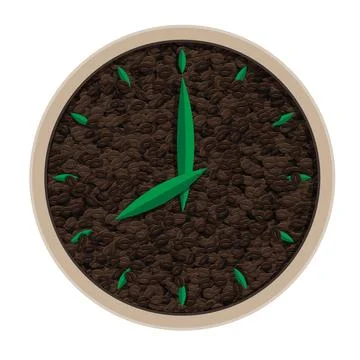 Wall Clock with strong, invigorating coffee beans. Energy drink to uplift y.. Illustrazione stock