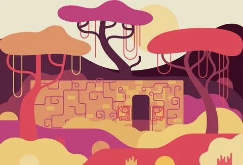 Wall covered with ivy in the jungle - vector cartoon illustration in flat stile Stock Illustration