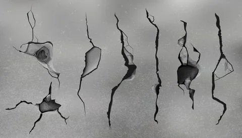 Wall cracks with hole. Broken stone texture. Earthquake grungy scratch. 3D Stock Illustration