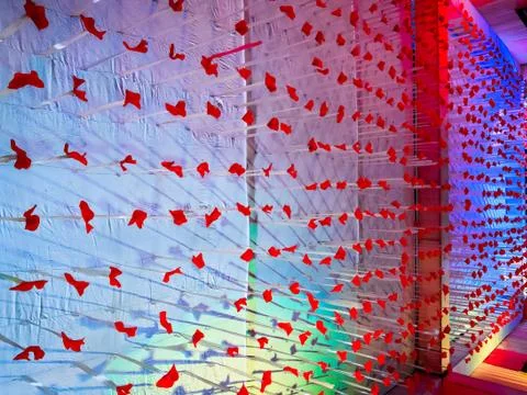 Wall Decoration With Blue Light Effect And Red Flowers. 写真素材
