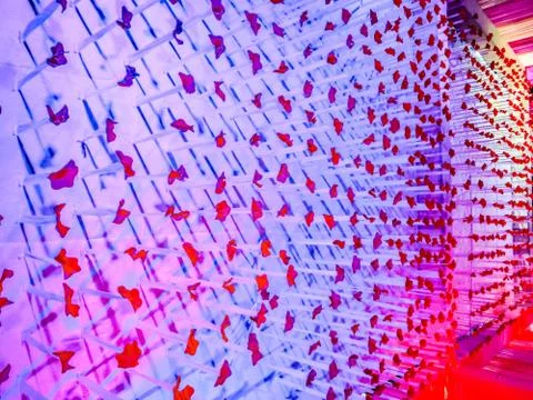Wall Decoration With Blue Light Effect And Red Flowers. Foto stock