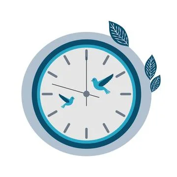 Wall decorative clock in flat design. Round clock with birds and leaves. Ve.. Stock Illustration