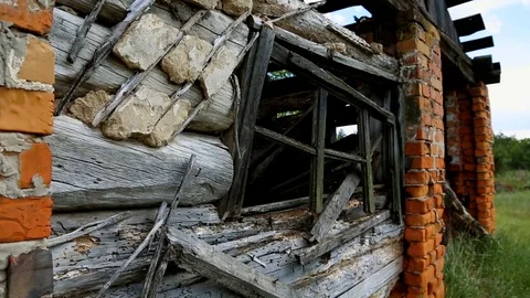 Wall of a destroyed house in the Chernobyl zone of pollution. Time destroys Stock Footage 77683534