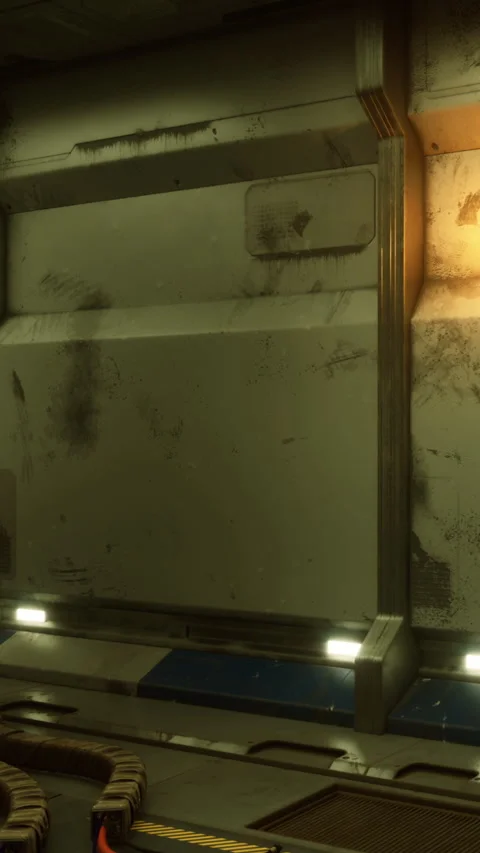 Wall in a dimly lit room with technical elements in a sci fi setting Stock Footage 332215188