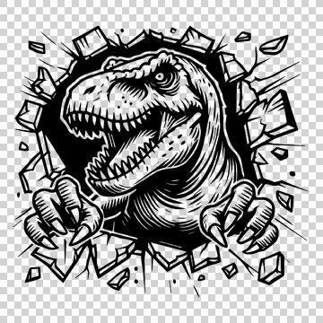 Wall Dinosaur Head Breaking Through debris line art black Illustration