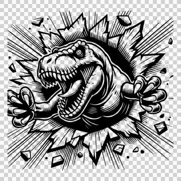 Wall Dinosaur Head Breaking Through claws Illustration