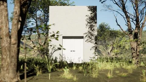 Wall with door in beautiful spring or summer landscape. Realistic 4k render Stock Photos