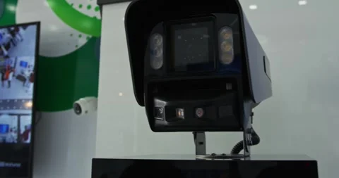 Wall in the exhibition hall with CCTV cameras Stock Footage 277478255
