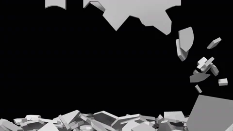 Wall fall apart in uneven fragments on black background Stock Footage 150180904