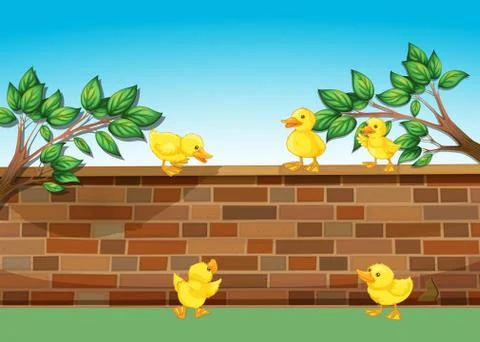 A wall with five ducklings Stock Illustration
