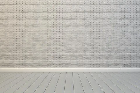 Wall floor background with white bricks wall and white wood floor 3d rendering Stock Illustration
