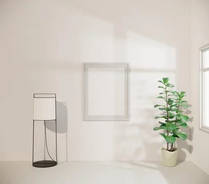 Wall frame mockup next to the window, a small tree and an indoor stand light Stock Illustration