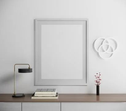 Wall frame mockup, some books, a flower tub and a table lamp Stock Illustration