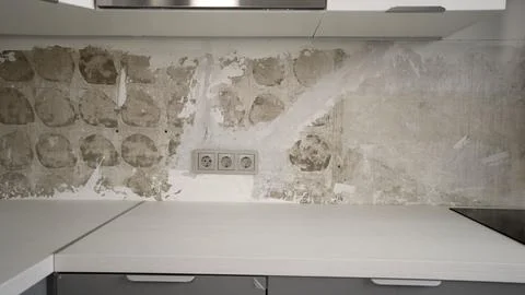 Wall for the future apron made of tiles. Wall in the kitchen, tiles for an .. Stock Photos