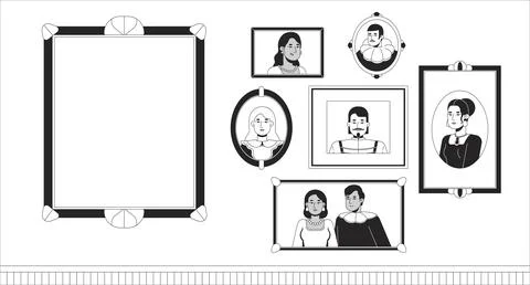Wall gallery of framed portraits with empty frame line illustration backdrop Stock Illustration