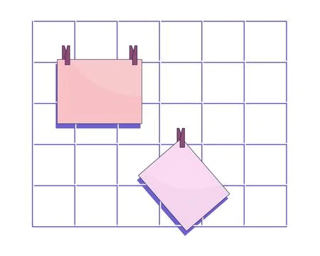 Wall grid panel sticky notes 2D linear cartoon object Stock Illustration