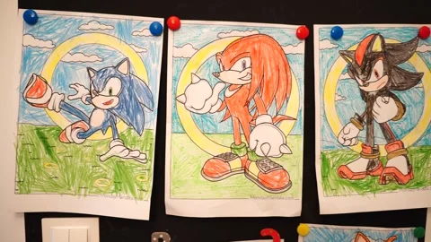 Wall of Hanging Sonic The Hedgehog characters drawing on papers Stock Footage 241398955