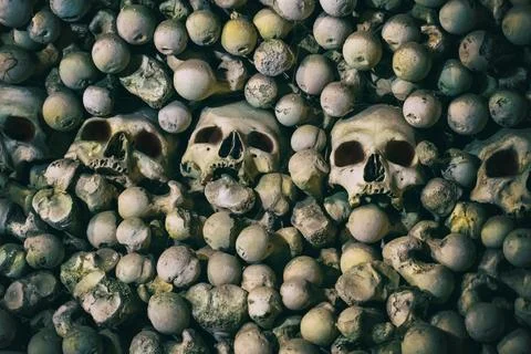 Wall of horror consisting of human skulls and bones. human bone pattern Foto stock