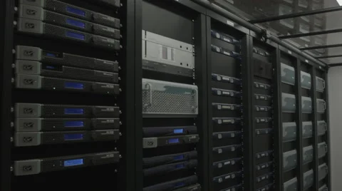 Wall with interfaces of digital devices in a gangway of server room Video stock 55012824