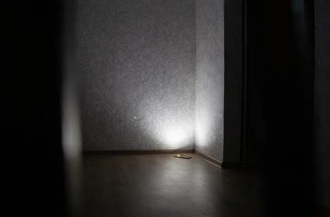 A wall lit by a phone flashlight is reflected in the whole room light Fotos de archivo