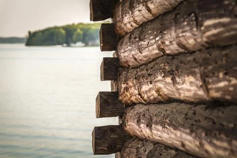 Wall of log house close-up. Stock Photos