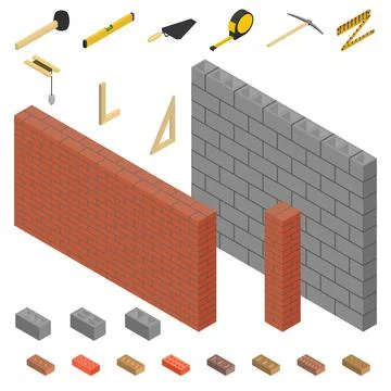 Wall made of bricks and cinder block with tools, 3D vector illustration. Stock Illustration
