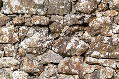 A wall made of rocks with moss growing on it Stock Photos