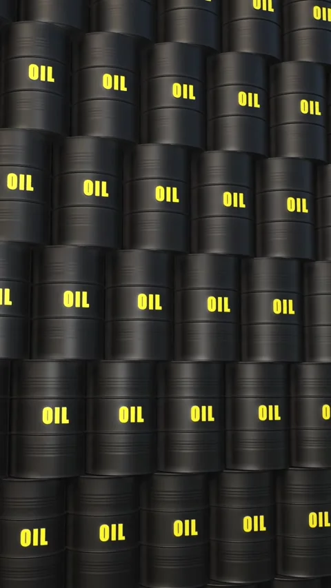 Wall made of stacked black crude oil barrels. Stock Footage 323094945